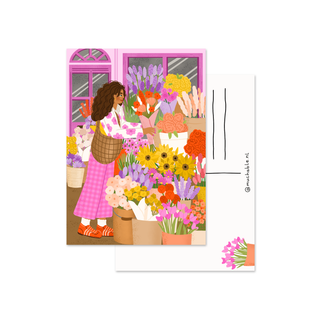 Postcard - illustration art print woman at flower stall