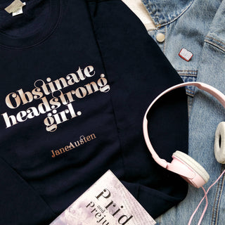 Obstinate Headstrong Girl Bookish Sweatshirt: Rose Gold on Dark Blue / XL