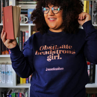 Obstinate Headstrong Girl Bookish Sweatshirt: Rose Gold on Dark Blue / S