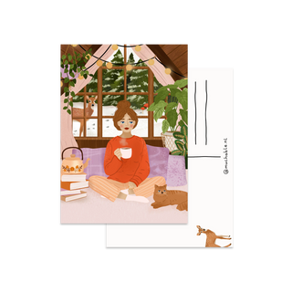 Postcard - woman in winter cabin with deer