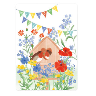 Card birdhouse welcome little one (English text)