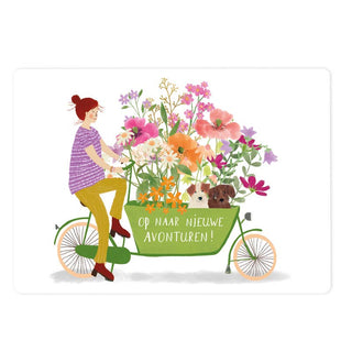 Card 'Cargo Bike Flowers' + text 'on to new adventures!'