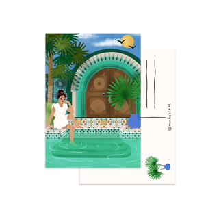 Postcard - illustration of woman by the pool